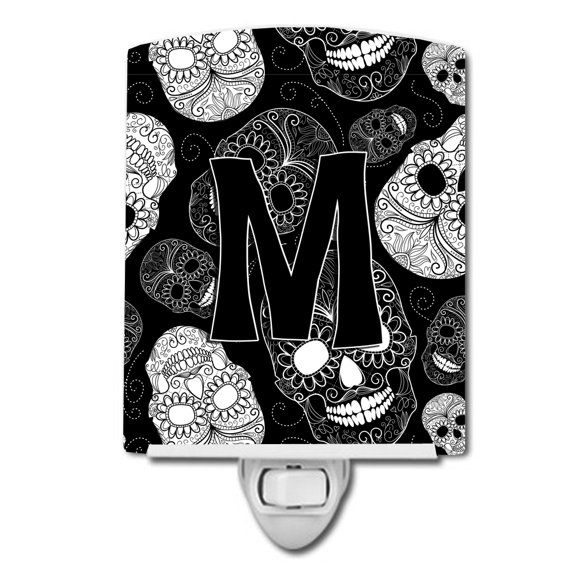 Letter M Day of the Dead Skulls Black Ceramic Night Light