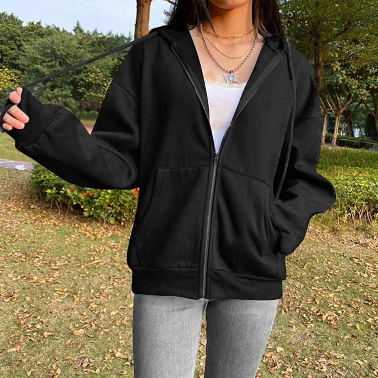 Ladies black zip up hoodies hot sale