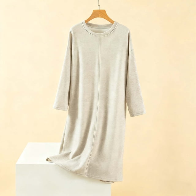 Camisón largo de manga larga y cuello redondo para mujer, bata de baño holgada de invierno para el hogar, bata de poliéster para mujer.