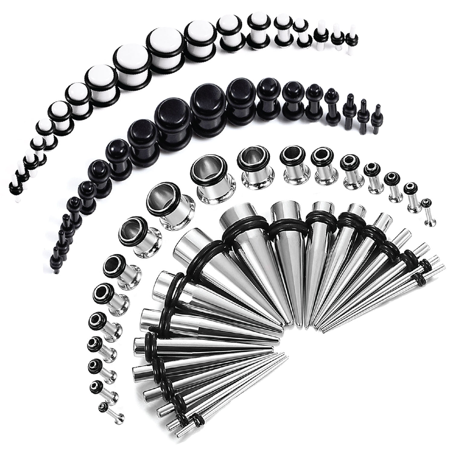BodyJ4You - 72PC Gauges Kit Black White Acrylic Plugs Stainless Steel Taper...