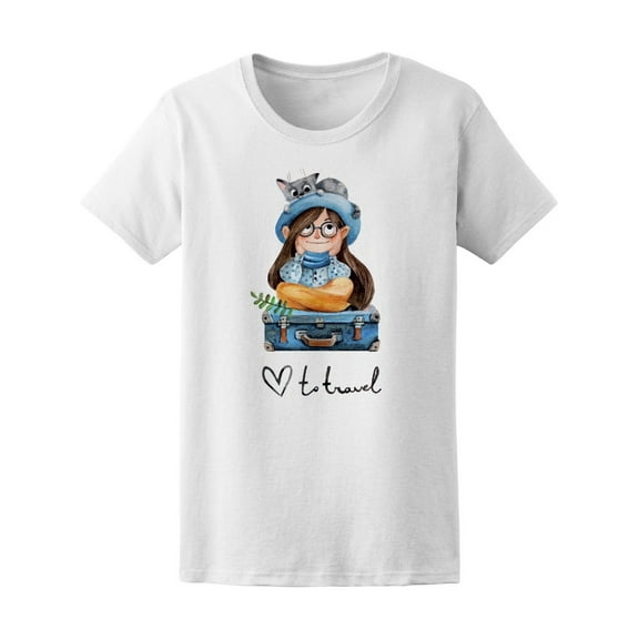 Trave Girl With Cat Watercolor Tee Women's -Image by Shutterstock