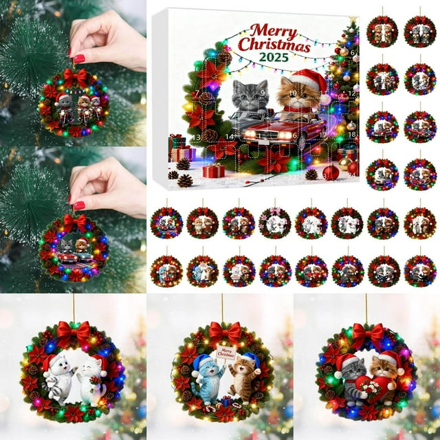 2025 Adorable Wreath Cat Ornament Advent Calendar with 24 Double Printed Designs Featuring Realistic Feline Illustrations and Festive Greetings for Holiday Countdown Celebration