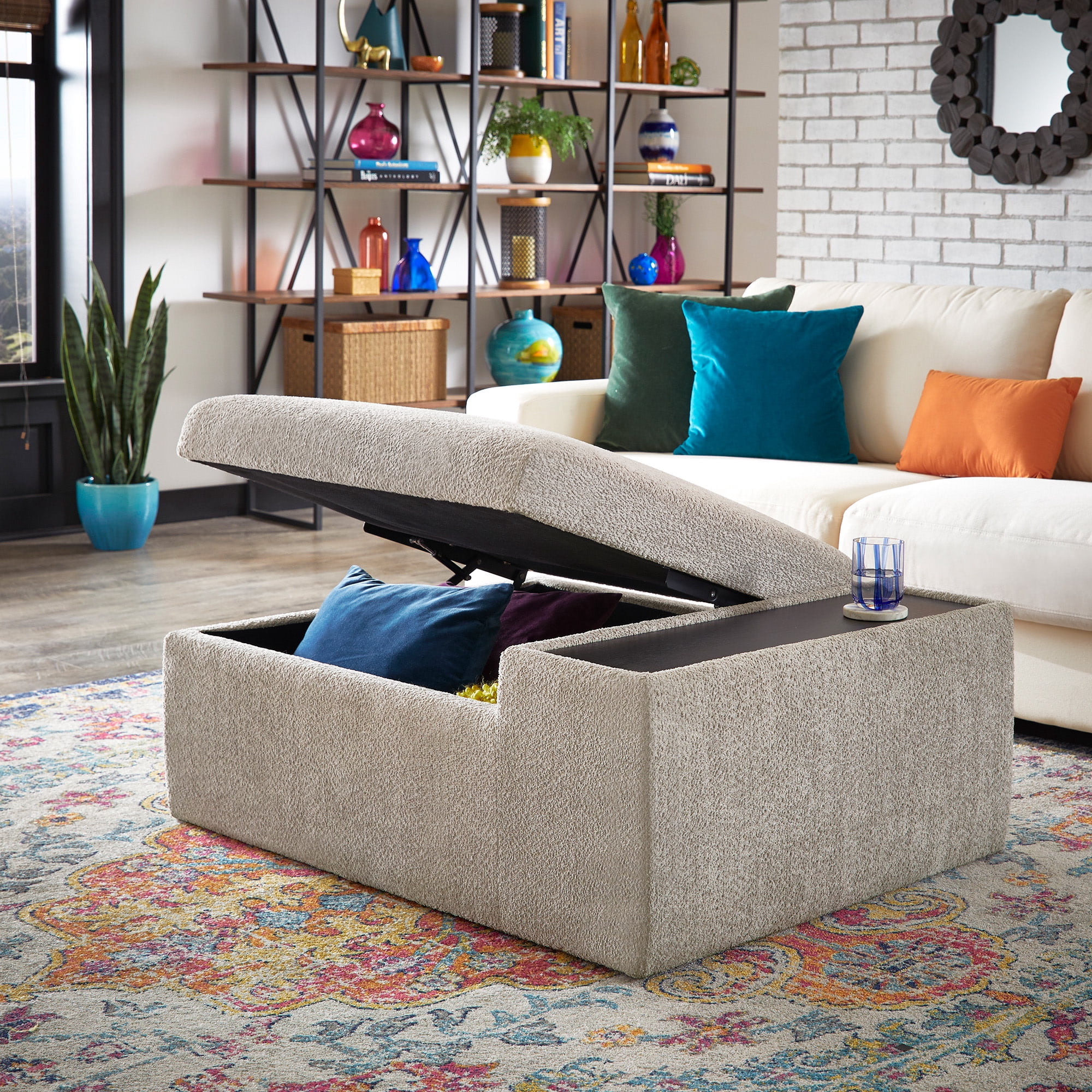 Weston Home Laguna Boucle Fabric Ottoman with Table and Casters, Gray