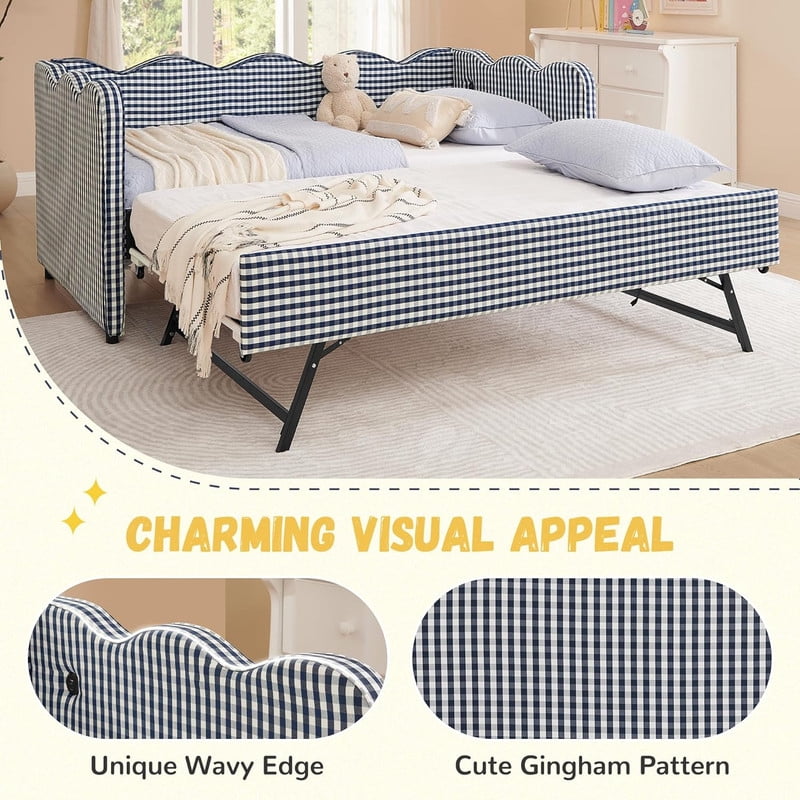 Full Size Upholstery Daybed with Trundle and USB, Full to King Design Wave Shaped Extendable Linen Sofa Bed, No Box Spring Required, for Living Room and Bedroom