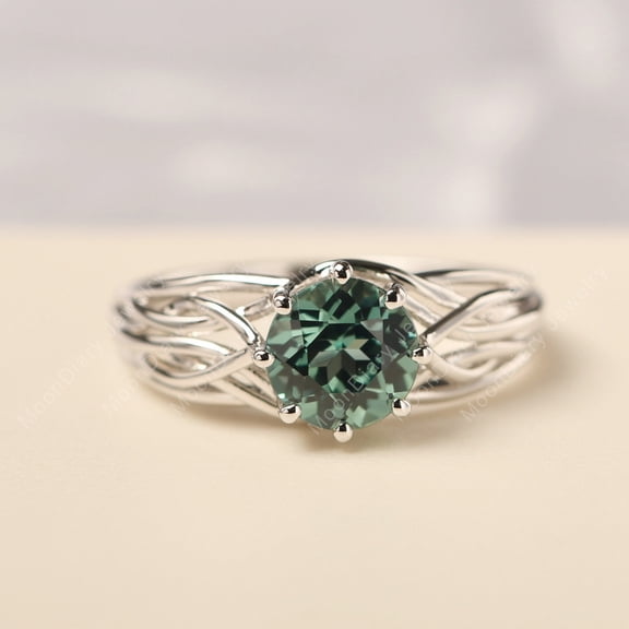 Lab Created Unique green sapphire engagement ring sterling silver round cut free form nest ring handmade gifts for women