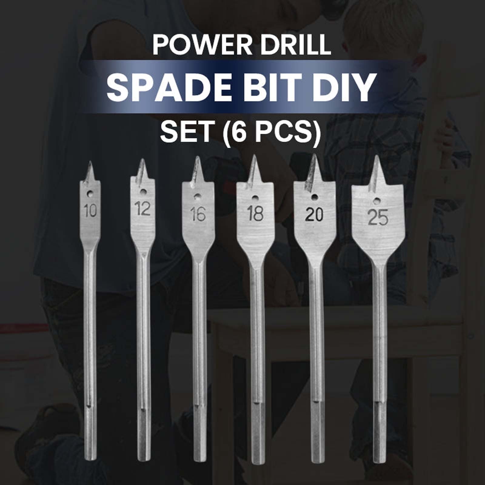 Qiopertar Spade Drill Bits 6 Pcs, HSS Flat Wood Boring Bits with Hex Shank Non-Slip, Woodworking Set for Carpenter Power Tools