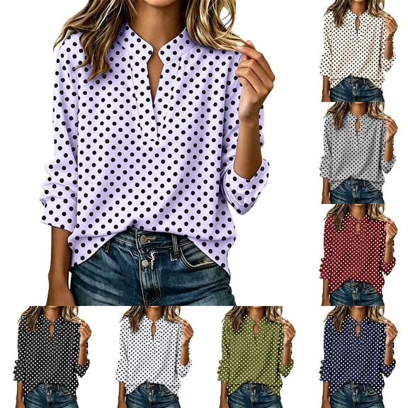 Tqcoqu Women's Polka Dot Stand Collar Half Placket Blouse Long Sleeve Loose Casual Office Long Shirt
