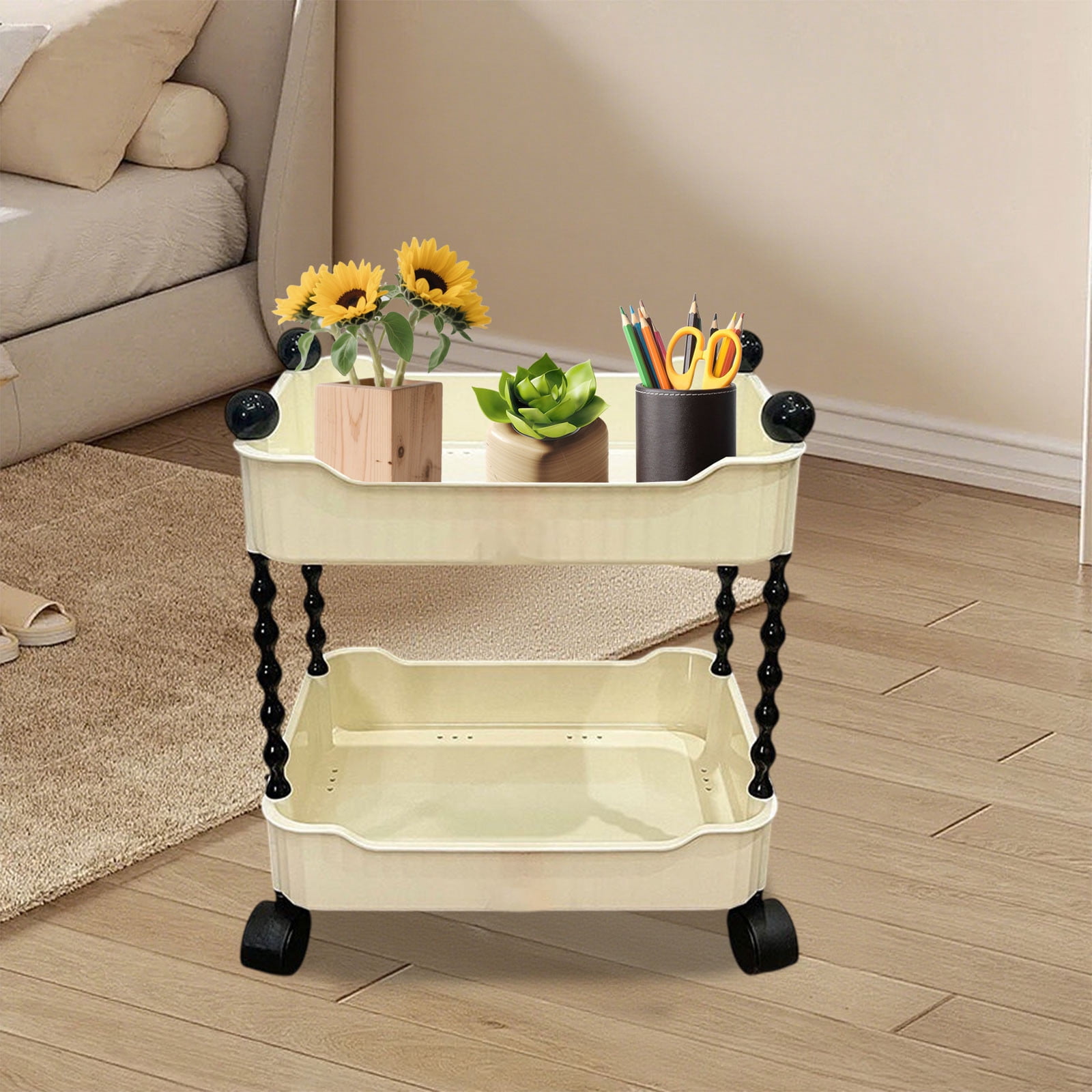 Living Room Snack And Fruit Cart Two Tier, Multifunctional Mobile Storage Rack for Kitchen Bathroom, Cube organizer for baby books, Rolling Utility Cart with Wheels