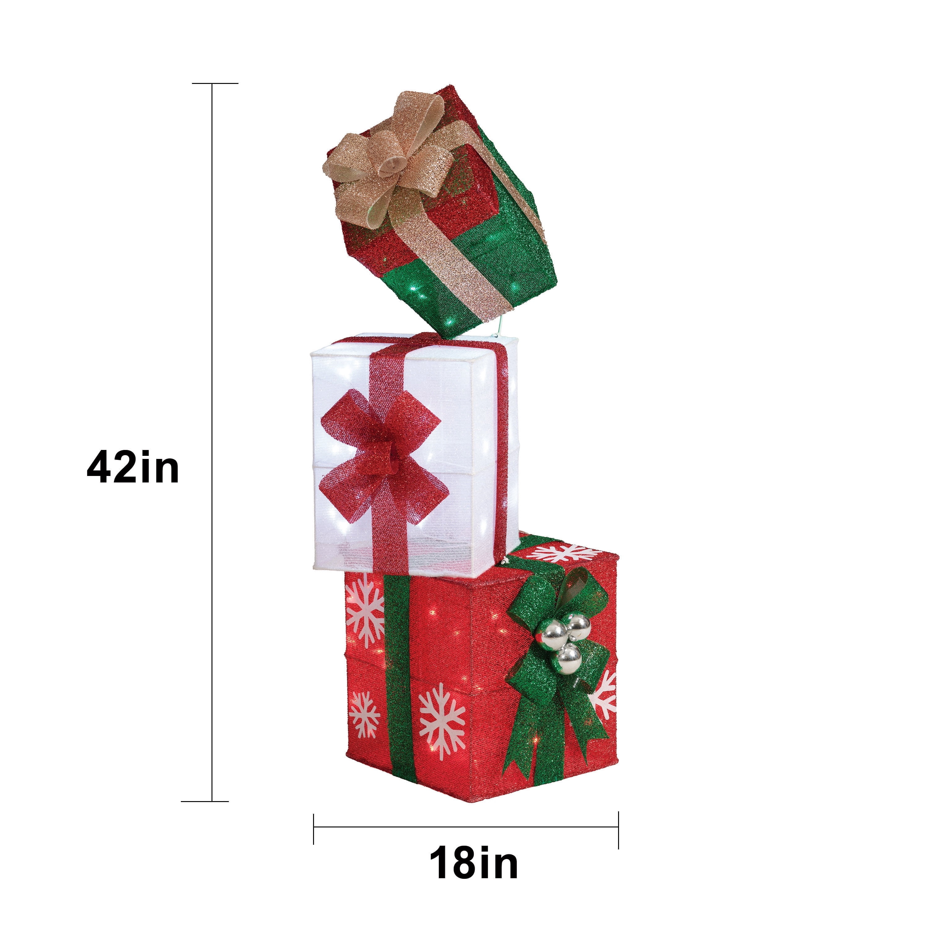 Indoor/Outdoor Light-Up Stacked Gift Box Christmas Decoration with 60 LED Lights, White/Green/Red, 42", by Holiday Time