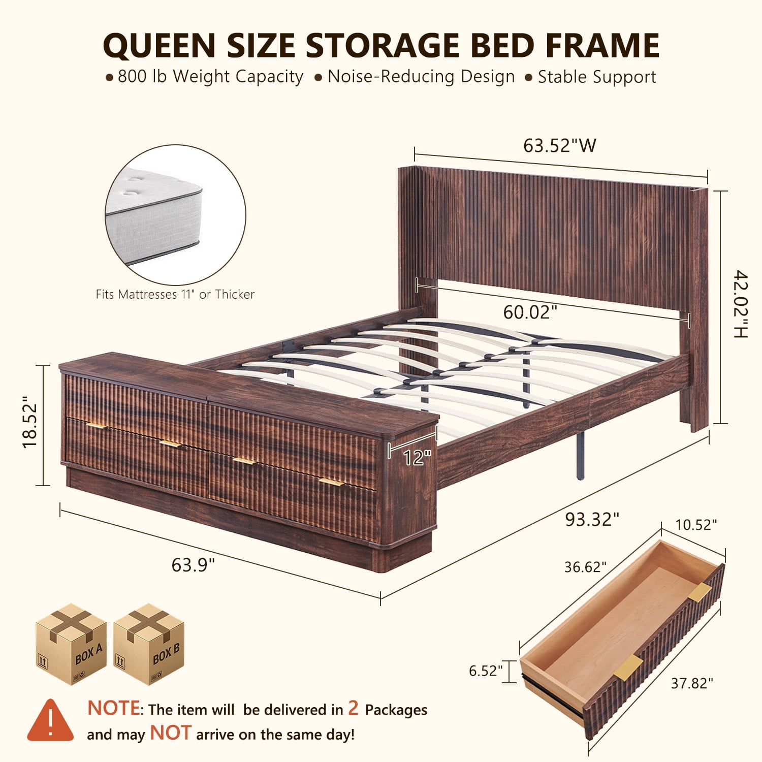 KeyWhat Modern Fluted Queen Size Bed Frame with Headboard & Storage Footboard, Built-in Drawers & Lift-Up Gas Struts, Solid Wood Slats, No Box Spring Needed, Dark Walnut