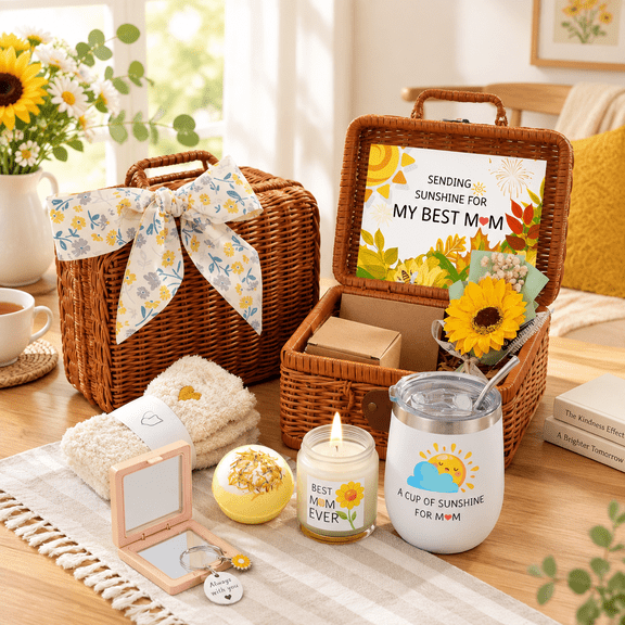 Sunflower Gift Basket For Mom, 9-Piece Preassembled Gifting Set