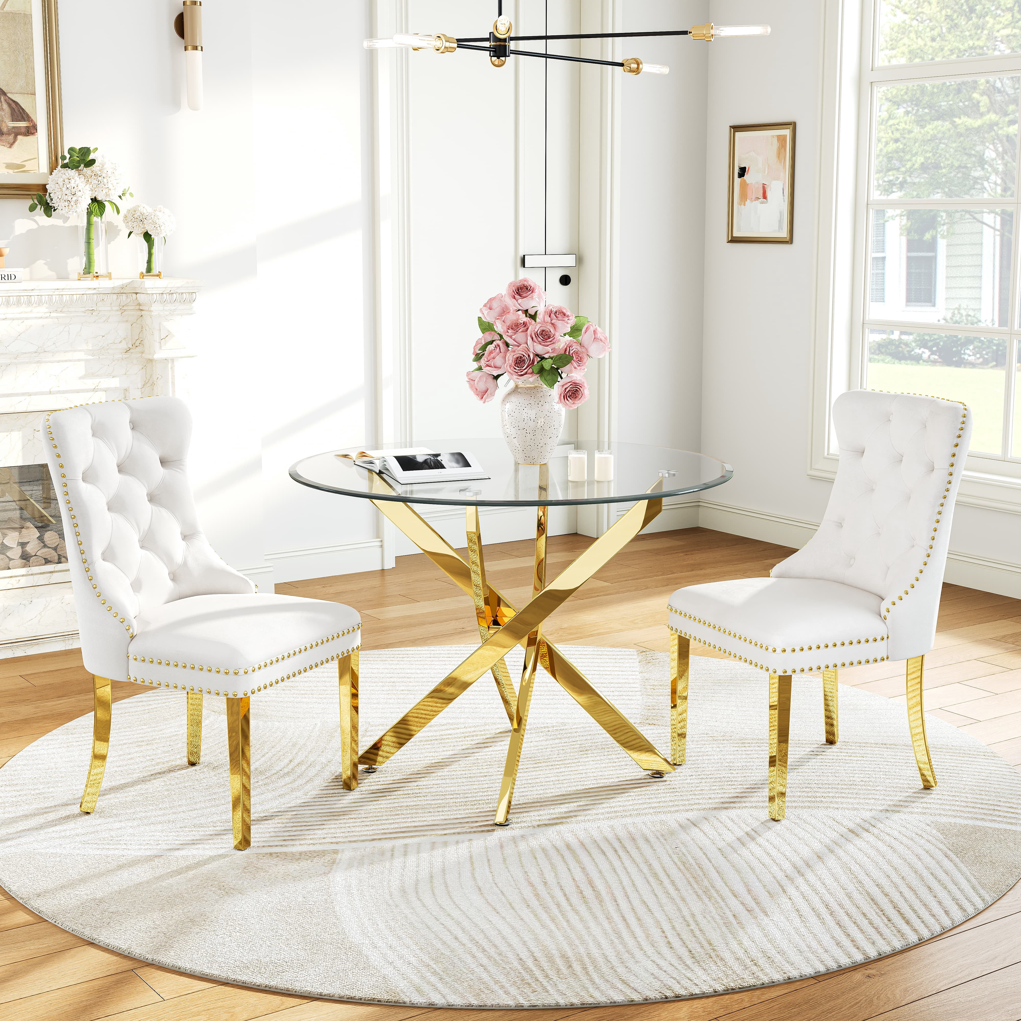 36" Round Glass Dining Table with Stainless Steel Legs, Modern Small Kitchen Table with Tempered Glass Top for Dining Room, Apartment, Kitchen