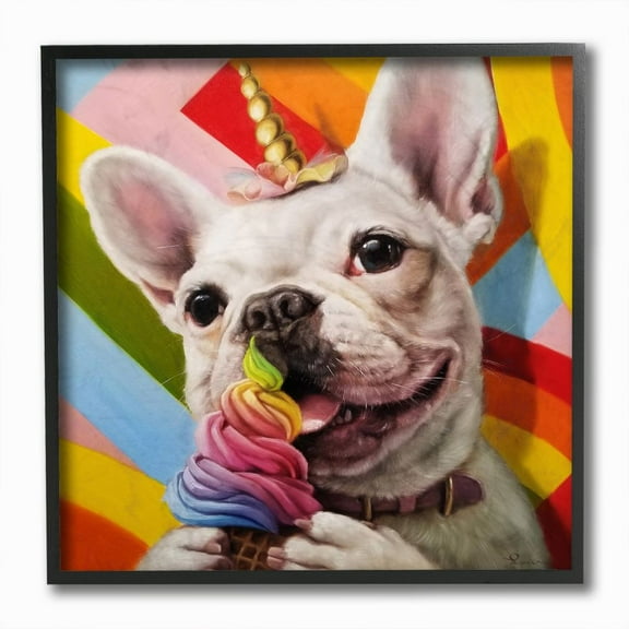 Stupell Industries Rainbow French Bulldog Unicorn Ice Cream Colorful Framed Wall Art Design by Lucia Heffernan, 12" x 12", Black Framed