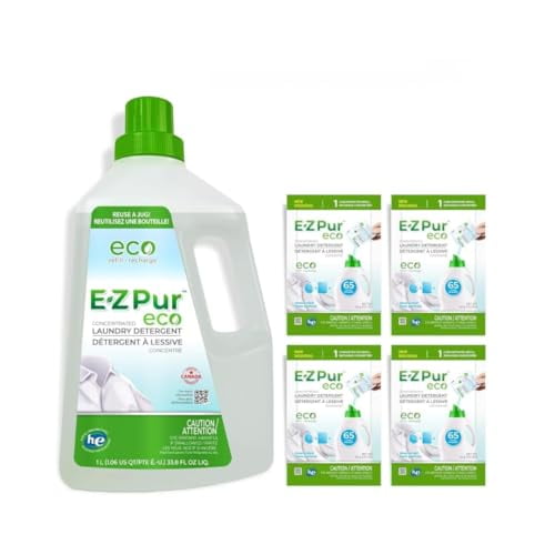 325 Lavages, Kit de Détergent à Lessive Concentré Écologique - Comprend Bidon de 1,8l Pré-Rempli et 4 Recharges, Non Parfumé; Ajoutez de l'Eau pour Faire 7.2L Liquide Supplémentaire - EZ Pur Eco