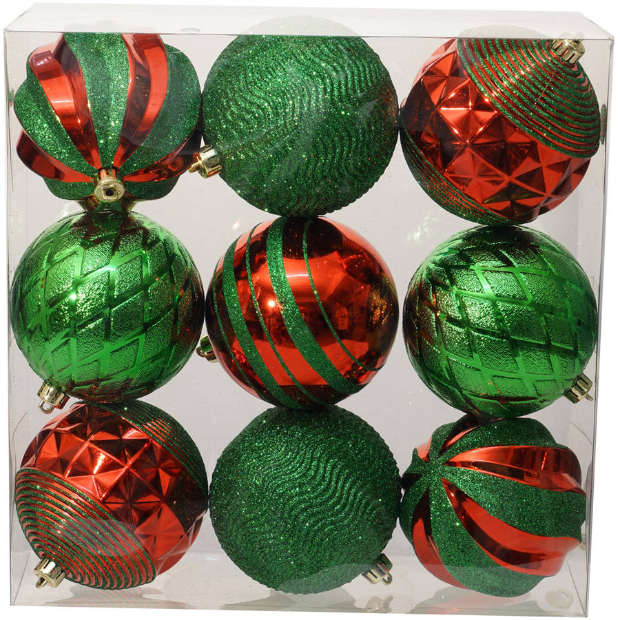 Holiday Time Christmas Ornaments Traditional 100mm Shatterproof, Set of 9, Red / Green - Walmart 