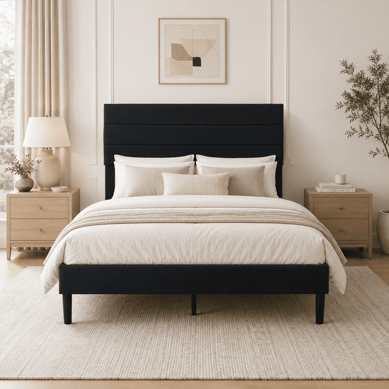 BSHTI Full Size Linen Upholstered Platform Bed Frame with Soft Headboard, Wood Slats, No Box Spring Needed for Bedroom（Black）