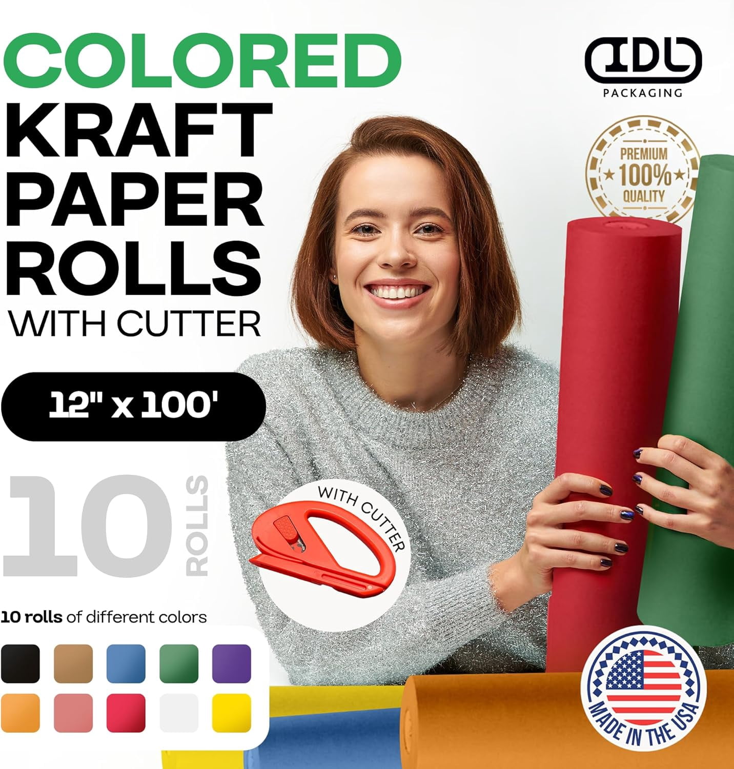 IDL Packaging Assorted Colors Kraft Paper with Cutter, Set of 10 Rolls 12" x 1200" (100 ft) - USA-Made Natural Multi-Color Construction Paper