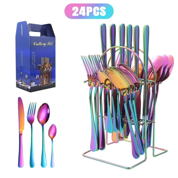 COMOPIO 24-Piece Rainbow Stainless Steel Flatware Set – Colorful Knives, Forks & Spoons with Holder, Mirror-Polished Cutlery for 6
