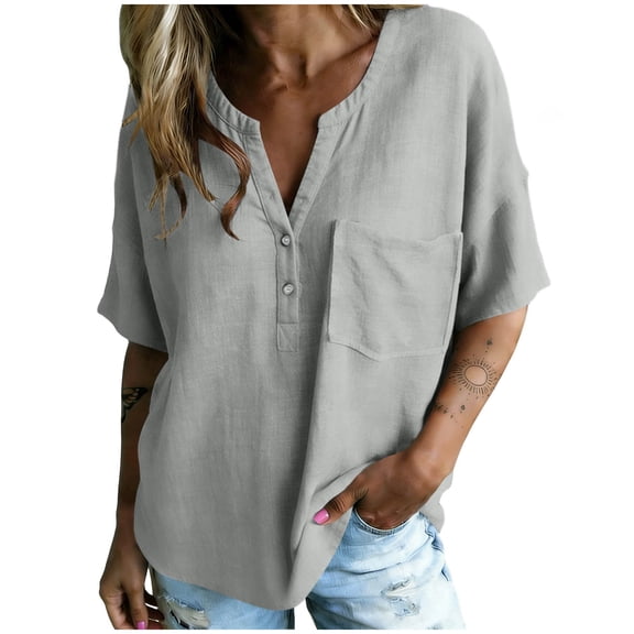 Womens Cotton Linen Baggy Shirts V Neck Short Sleeve Blouses Loose Button Down Shirt Casual Comfort Boxy Tops