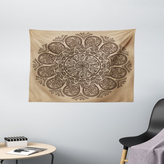 Brown Mandala Tapestry, Abstract Round Mandala Designed with Flower Leaves and Stems Elements, Wall Hanging for Bedroom Living Room Dorm Decor, 60W X 40L Inches, Tan and Brown, by Ambesonne