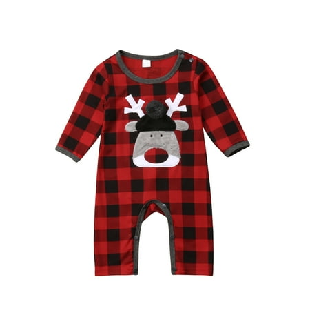 

Newborn Baby My First Christmas Outfits Red and Black Checked Pattern Bodysuit Boys Girls Plaid Romper Cloth