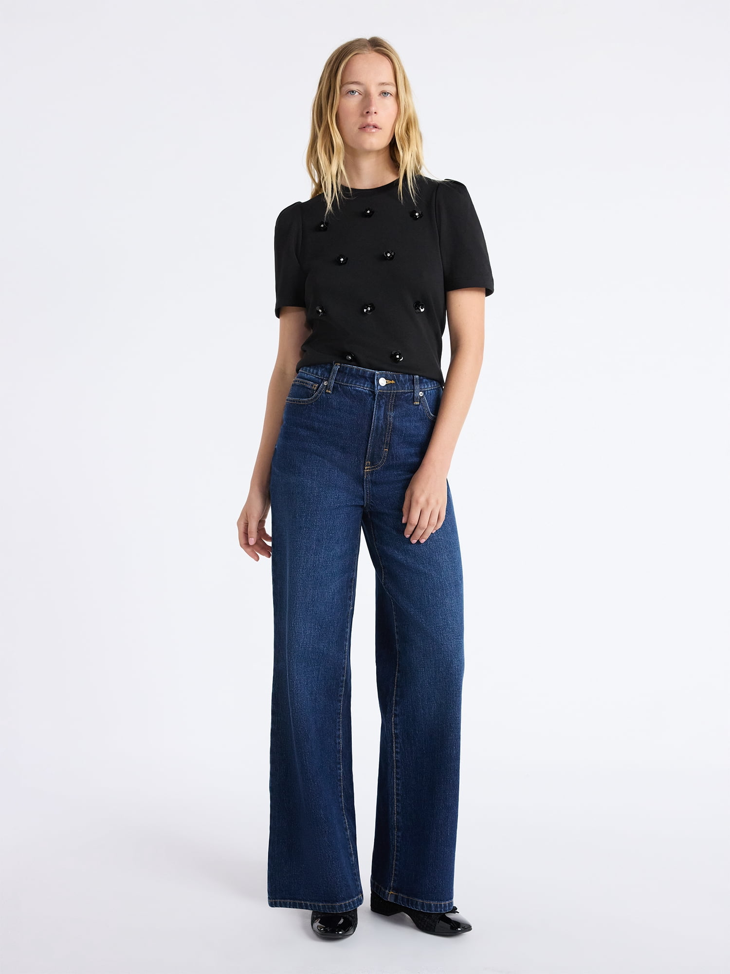 Free Assembly Women's and Women's Plus Embellished Pleat Shoulder Top with Short Sleeves, Sizes XS-4X