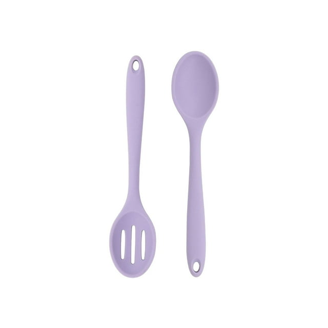 2 Pcs Nonstick Silicone Slotted Spoons,7.95 Inch High Temperature Serving Cooking Baking Spoons,Slotted and Solid Serving Spoon Set,Silicone Mixing Spoons Basting for Nonstick Cookware,Purple