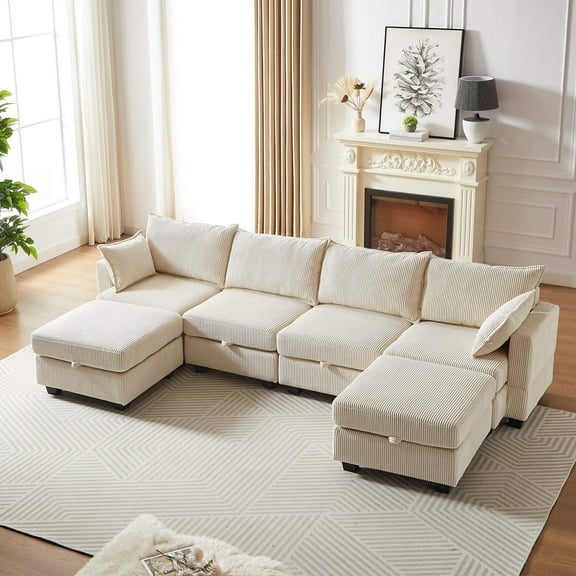 113.5'' Modular Sectional Sofa, U Shaped Couch, Corduroy Sectional Sofa With Storage Ottoman, Beige