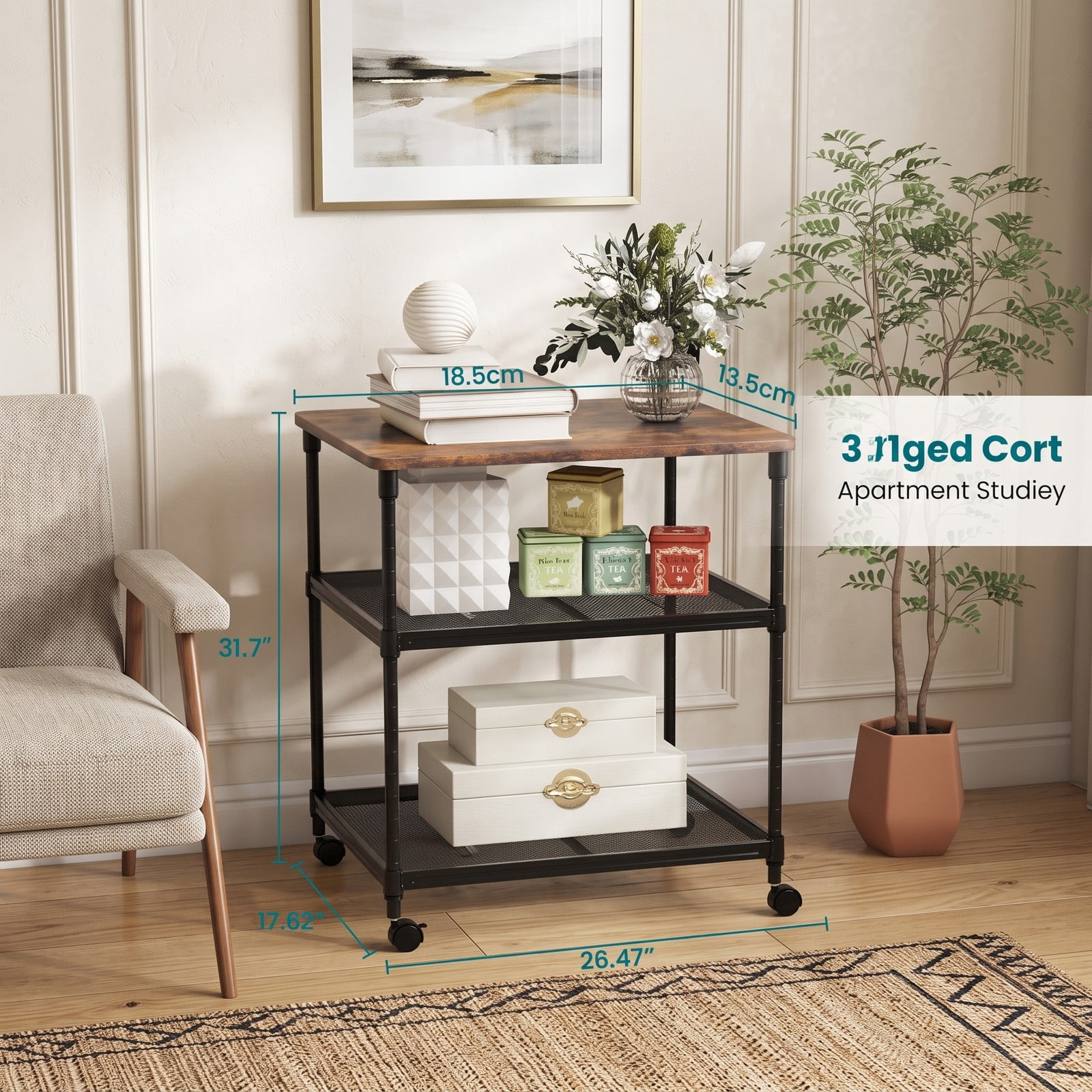 Furnibear 3 Tier Rolling Printer Stand Fax Cart with Adjustable Shelf, Swivel Locking Wheels, Wood Iron Mobile Storage Organizer for Home Office - Coffee