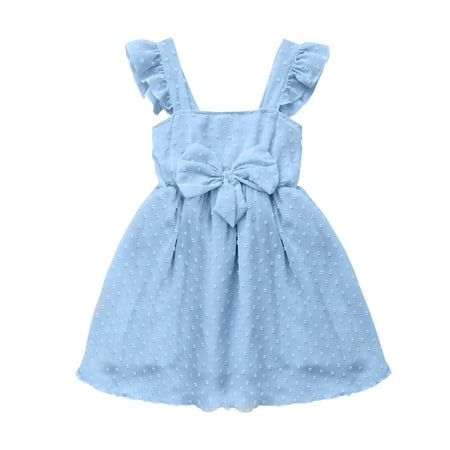 OLLUISNEO Infant Baby Girls Summer Dress Ruffle Sleeveless Bowknot Suspender Dress Blue 12-24 Months
