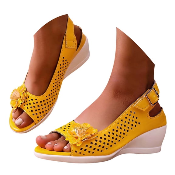 Fiaer Buckled Wedge Sandals for Women Open Toe Slingback Heeled Dress Sandals Summer Hollow out Floral Footwear Yellow 9.5