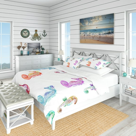 Designart 'Pattern with Multicolored Seahorses' Nautical & Coastal Duvet Cover Set