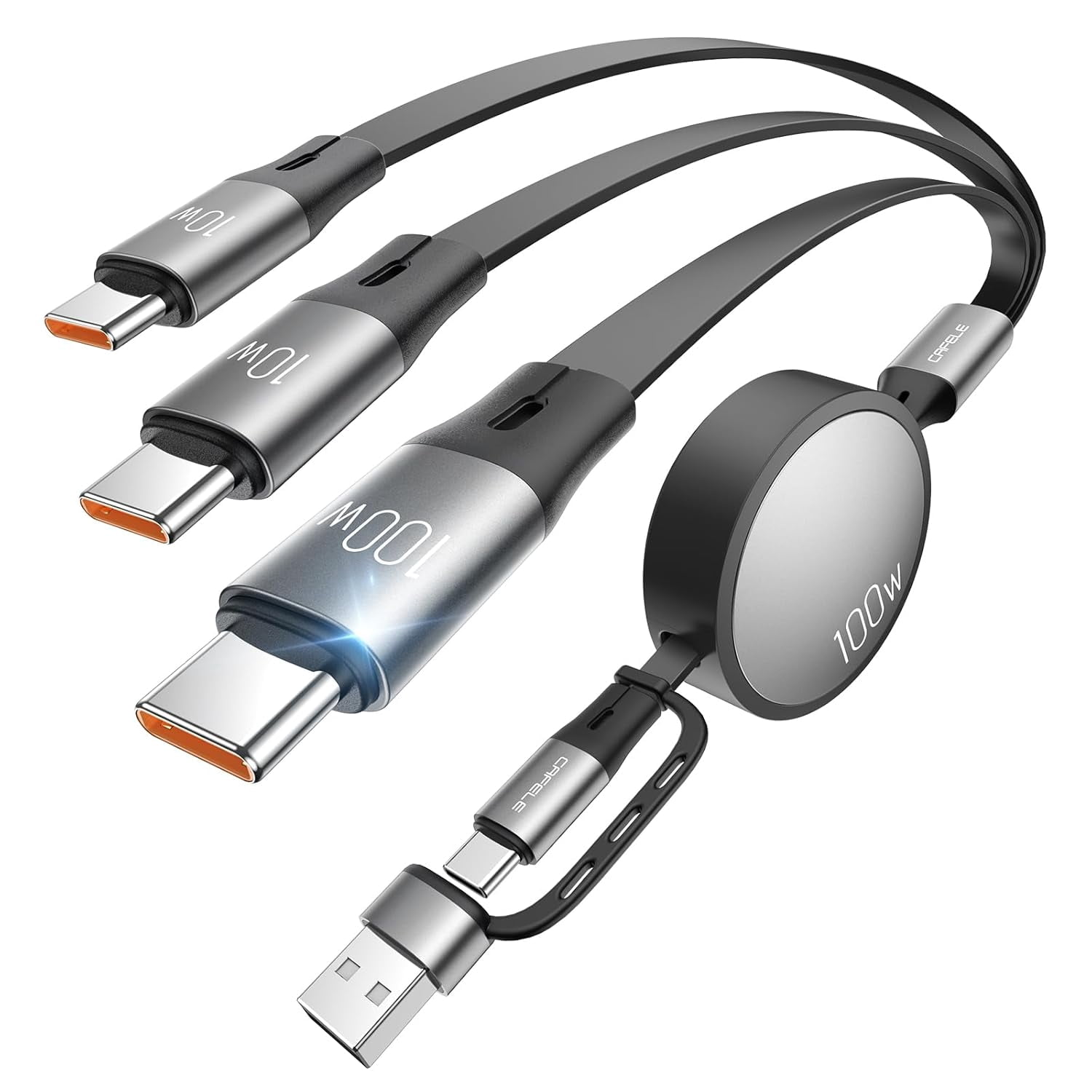 MHAWBL-Retractable Charging Cable, 100W USB C Fast Charger Cable 3 in 1 with [30-130cm] Adjustable Length, Multi-Port Cord for Laptop, Phone, Car, Travel - PD3.1/QC5.0（Grey）