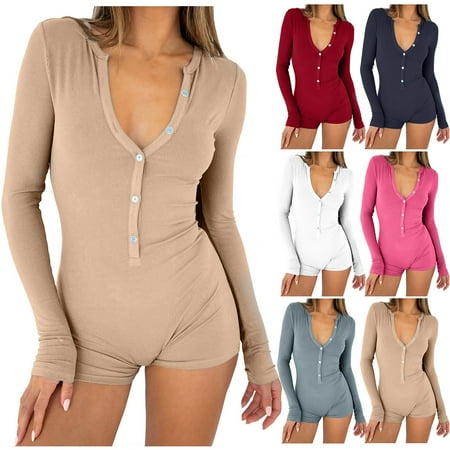 Womens Sexy One-piece Jumpsuits Bodysuit Buttton V-Neck Long Sleeve Yoga Rompers Workout Ribbed Pajamas Sport Rompers Set Khaki qILAKOG Size L