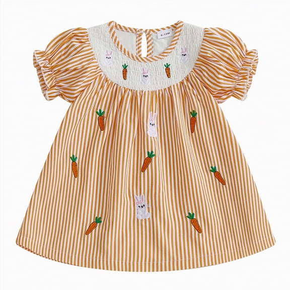 Linfrsh Baby Girl Easter Outfit Smocked Romper Dress Rabbit Embroidery Short Puff Sleeves Bodysuit Jumpsuit Spring Clothes(Red,12-18 Months)