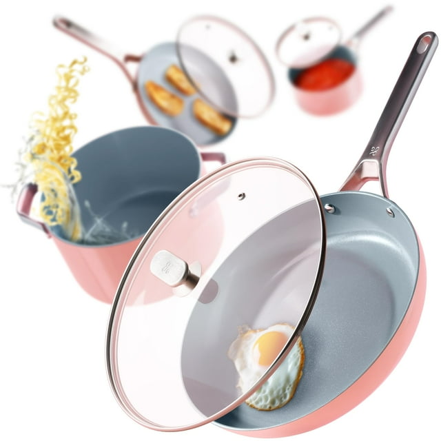 Greater Goods Chef's Grade Ceramic Nonstick Cookware Set - 12 Piece, Pots and Pans Set with Lids, Pink