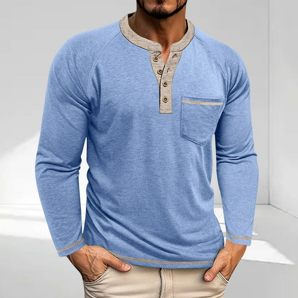 pstuiky Camisas de manga larga de invierno para hombre, Blusas casuales de manga larga con cuello redondo, botones, cuadros, bolsillos y bloques de color para hombre Tops casuales para hombres xl