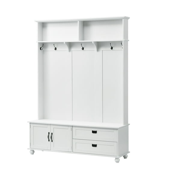 Xukmct Hall Tree with Cabinet and 2 Drawers, Wood Storage Bench with 5 Coat Hooks, Perfect for Living Room, Bedroom, White
