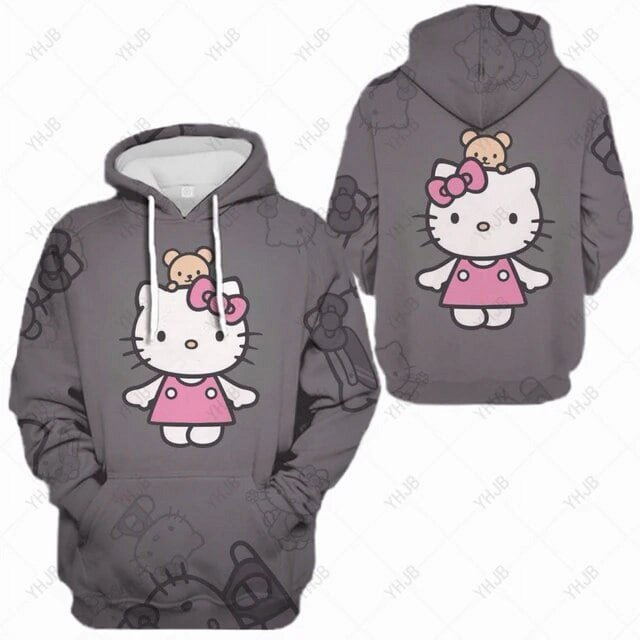 Sweat à Manches Longues d'Automne pour Femmes Mode Pull Noir Hello Kitty Série Imprimée Col Rond Décontracté Doux Chandail à Capuchon