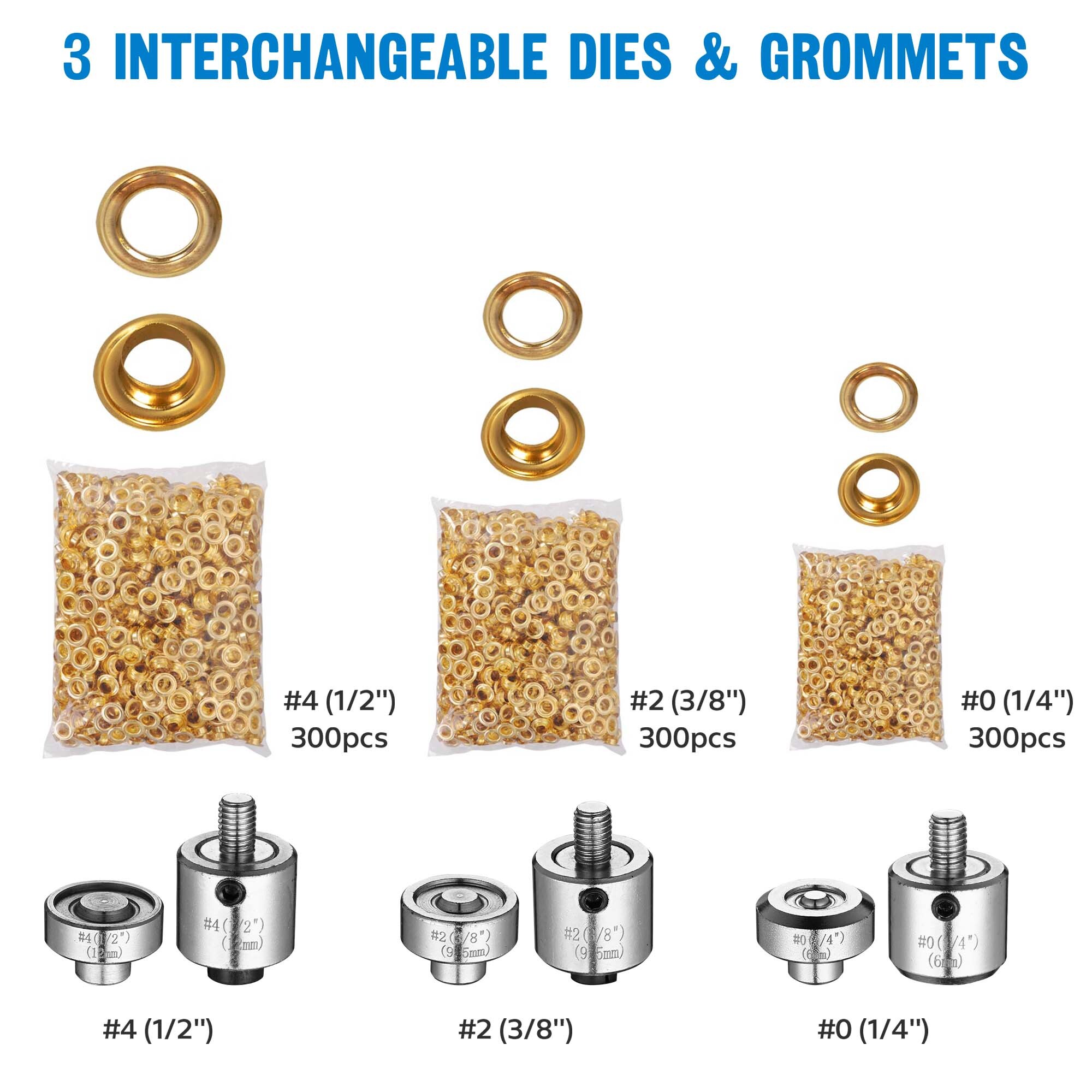 Yescom Grommet Tool Kit with Rolling Base 900 pcs Eyelets Washers #0/#2/#4 Die Leather Hole Punch Set Hand Press Machine