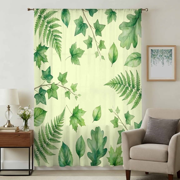 Spring Botanical Sheer Curtains 72 Inches Long, Green Ivy Ferns Oak Leaves Yellow Light Filering Curtains, Breathable Simi Curtain Privacy Drapes for Living Room Bedroom Lightweight Window Treatment