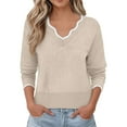 thumbnail image 2 of Women's Solid Color V-Neck Knit Sweater, Lightweight Long Sleeve Pullover Top, Cozy Casual Fall Outfit 2025, Simple and Elegant Loose Fit Tops for Daily Wear Beige L, 2 of 5
