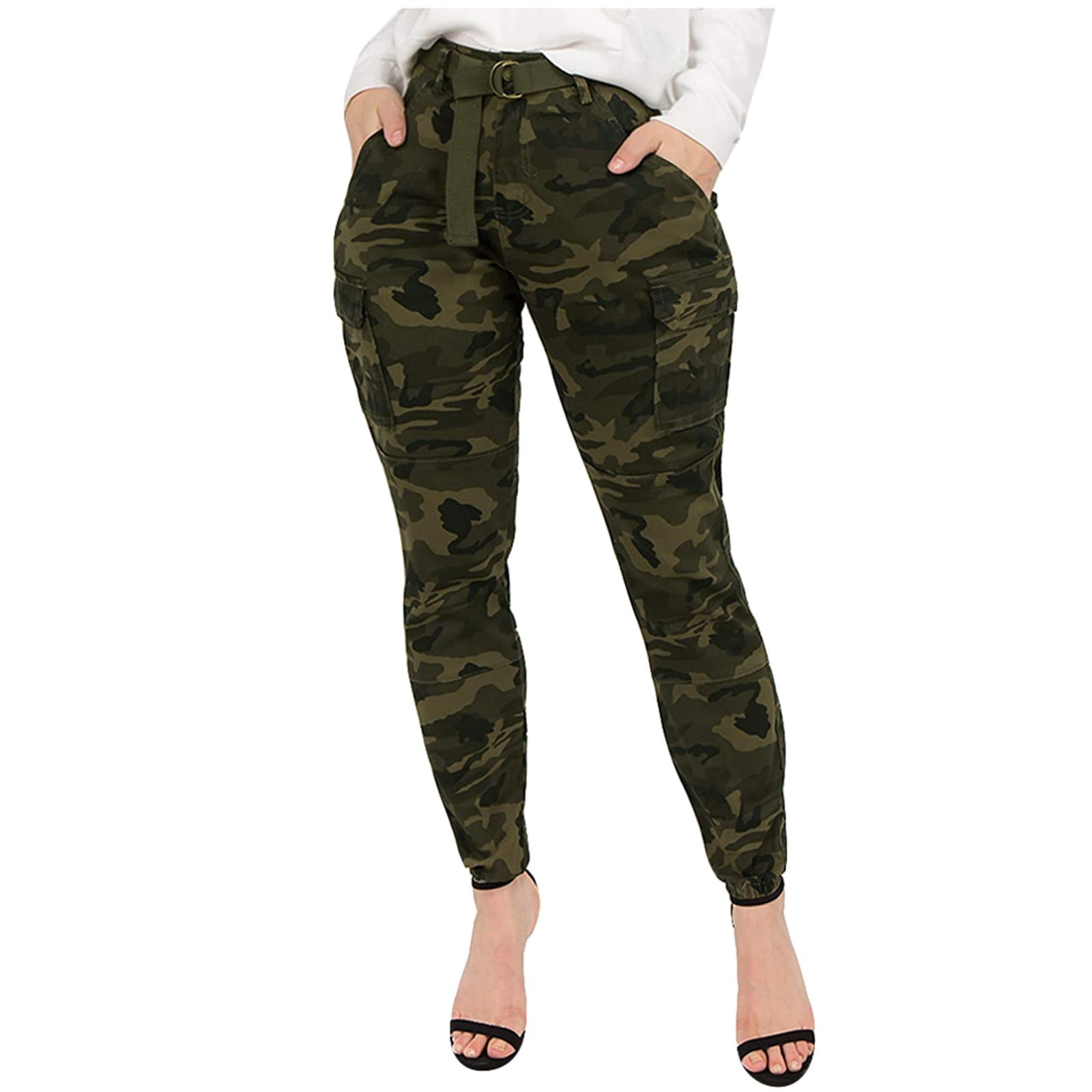 Fsqjgq Women's Stretchy Straight Dress Pants with Pockets Plus Size  Leggings for Women Retro Cargo Pants with Pockets Outdoor Casual Ripstop  Camo