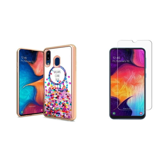 Bemz Quicksand Glitter Liquid TPU Case for Samsung Galaxy A20 with Tempered Glass Screen Protector and Atom Wipe - (Dreamcatcher Hearts)