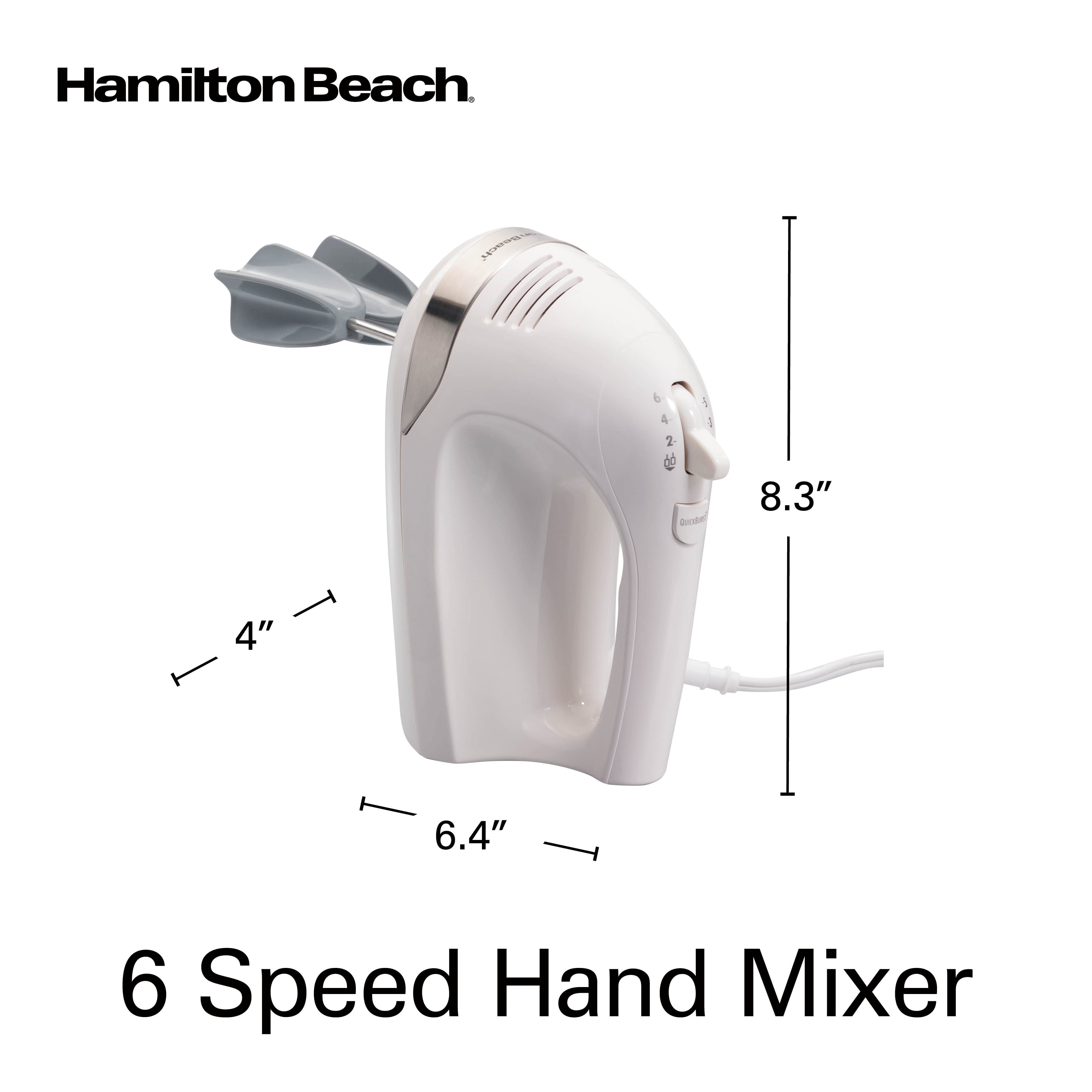 Hand Mixer Hamilton Beach 6-Speed Dough Hooks Silicone Beater 62645