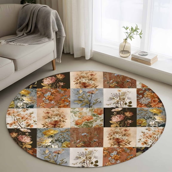 Round Rugs 3.3Ft, Floral Patchwork Round Area Rug Washable Indoor Throw Carpet, Vintage Country Geometric Flower Soft Non Slip Circle Rug for Laundry Room Patio Home Decor Aesthetic
