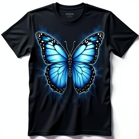 Stunning Black T-Shirt with Vibrant Blue Morpho Butterfly Graphic Design