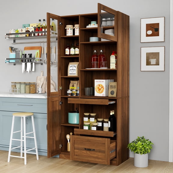 Mintazer Farmhouse Kitchen Hutch Cabinet with Microwave Stand, Freestanding Storage Buffet Sideboard Coffee Bar Cabinet for Home & Pantry, Brown