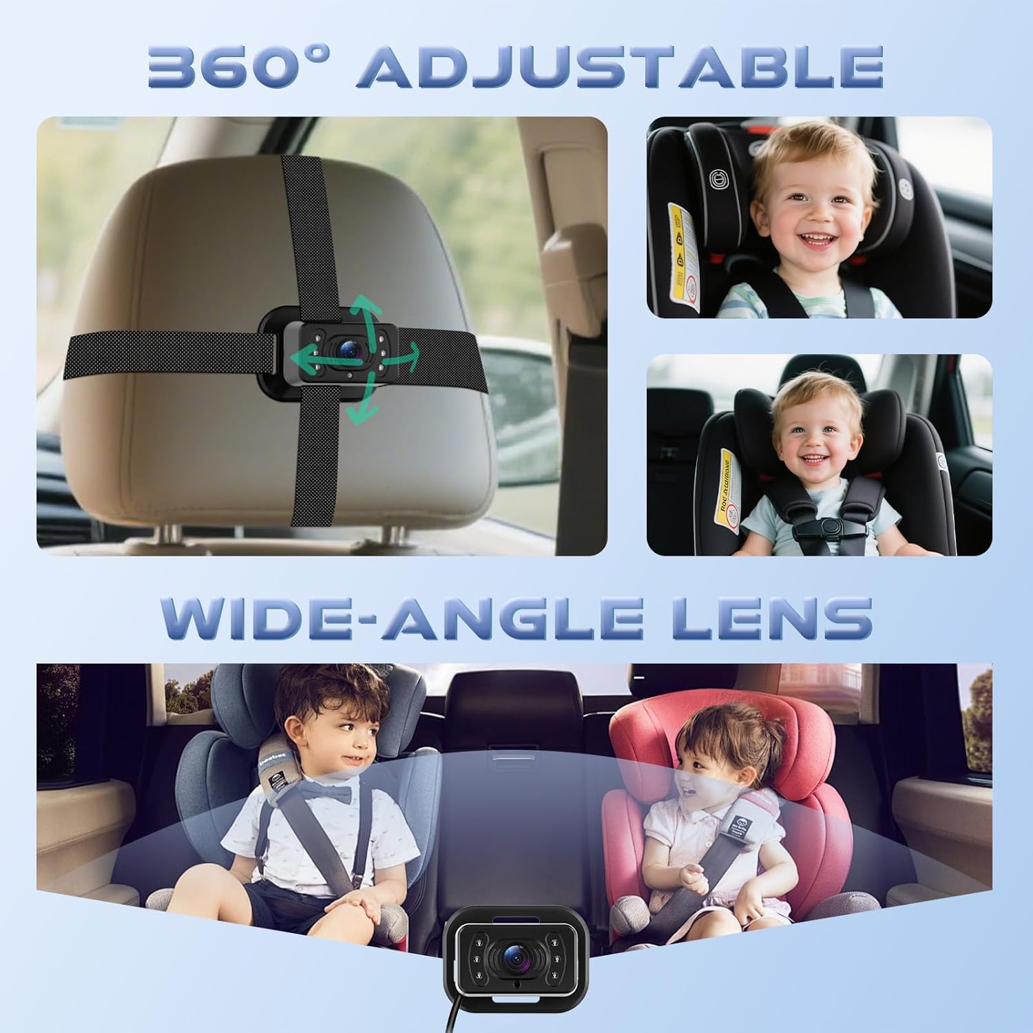 6.86'' Baby Car Camera for Seat HD Bual Rear Facing for Baby, Car Camera for Baby Night Vision Wide View Angle Reusable Sucker Bracket, Easy Install 360° Adjustable