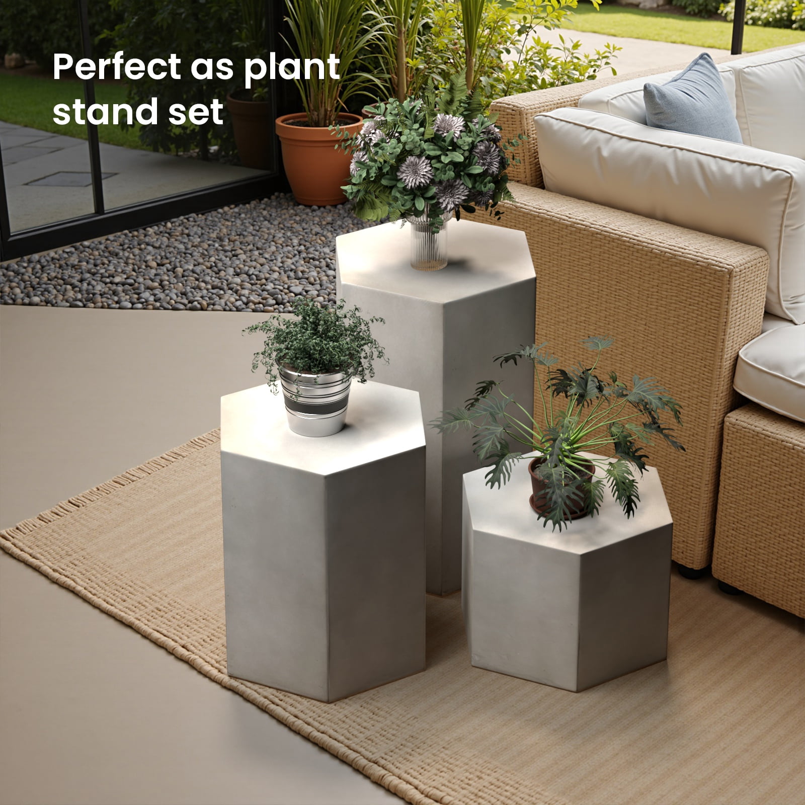 COSIEST Concrete Accent Table, Hexagon Patio Side Table 14.5''Wx20''H, Modular Design Indoor Outdoor End Table, Light Grey